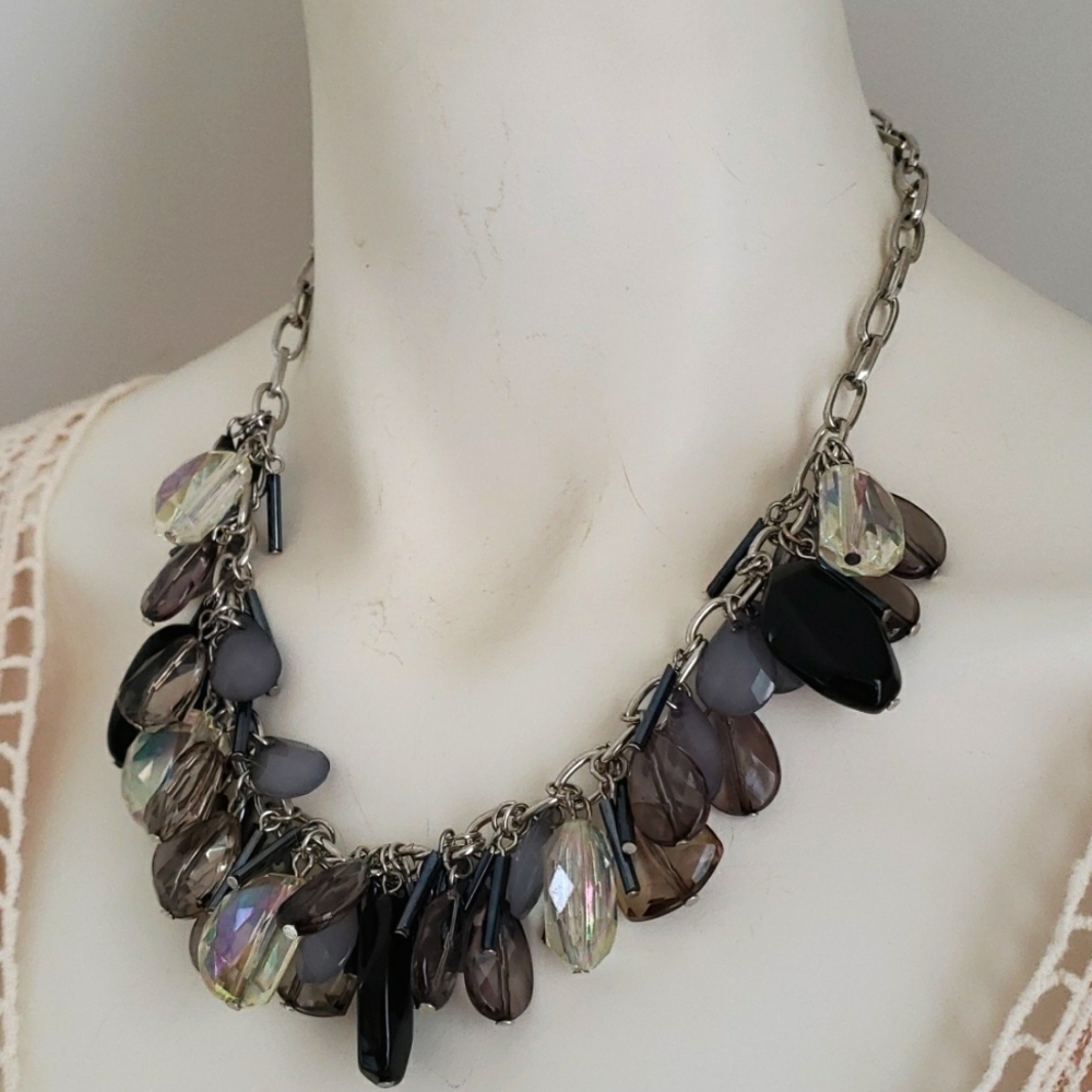 Trendy Fashion Chunky Clear & Clear Smokey, Black & Grey Blue beaded Necklace